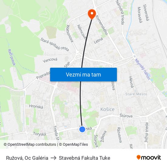 Ružová, Oc Galéria to Stavebná Fakulta Tuke map