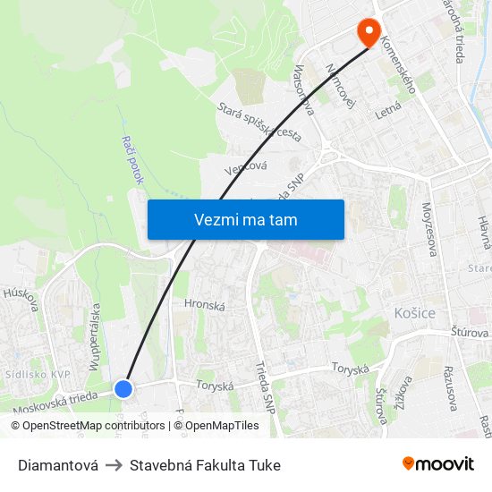 Diamantová to Stavebná Fakulta Tuke map