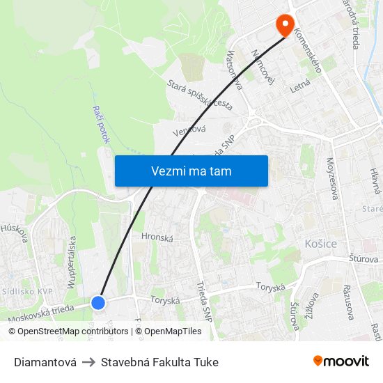 Diamantová to Stavebná Fakulta Tuke map