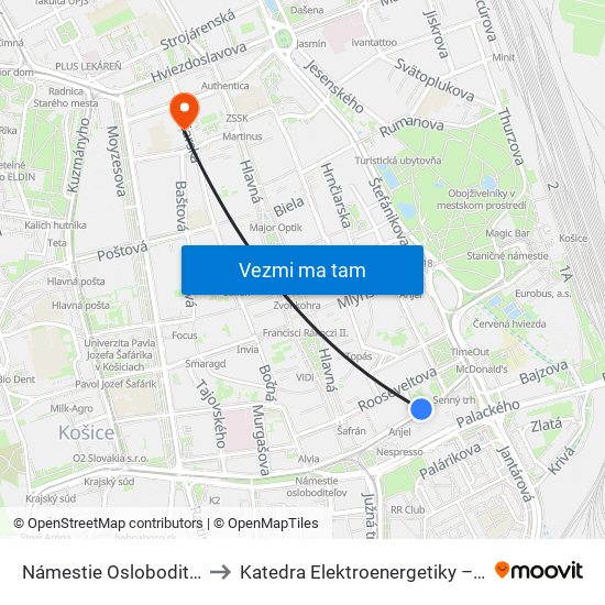 Námestie Osloboditeľov to Katedra Elektroenergetiky – Tuke map