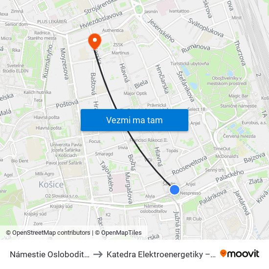 Námestie Osloboditeľov to Katedra Elektroenergetiky – Tuke map