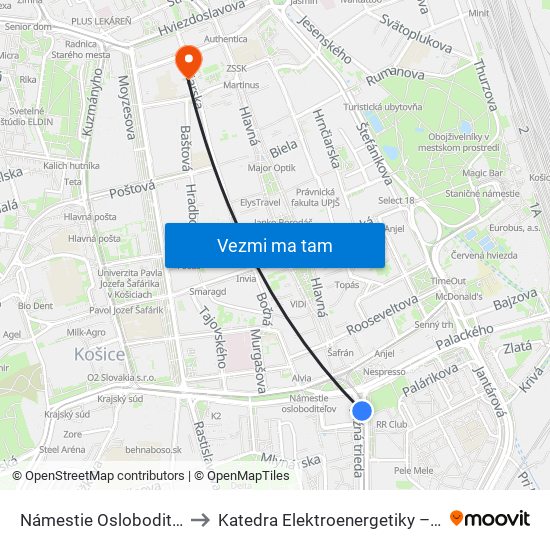 Námestie Osloboditeľov to Katedra Elektroenergetiky – Tuke map