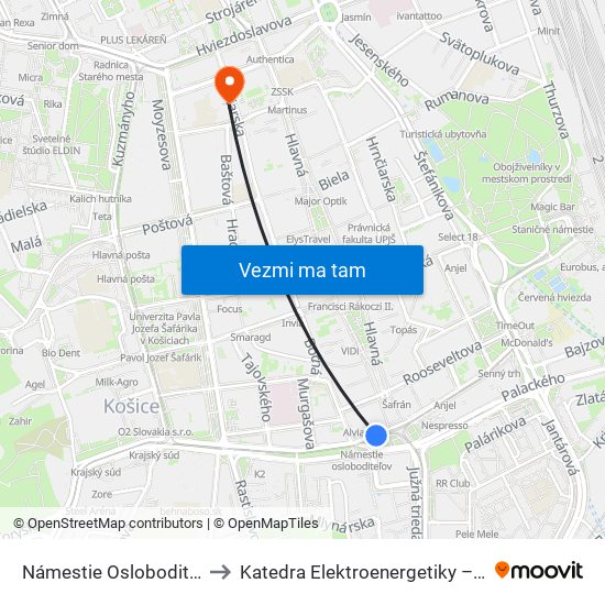 Námestie Osloboditeľov to Katedra Elektroenergetiky – Tuke map