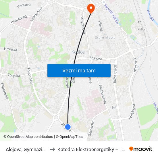 Alejová, Gymnázium to Katedra Elektroenergetiky – Tuke map