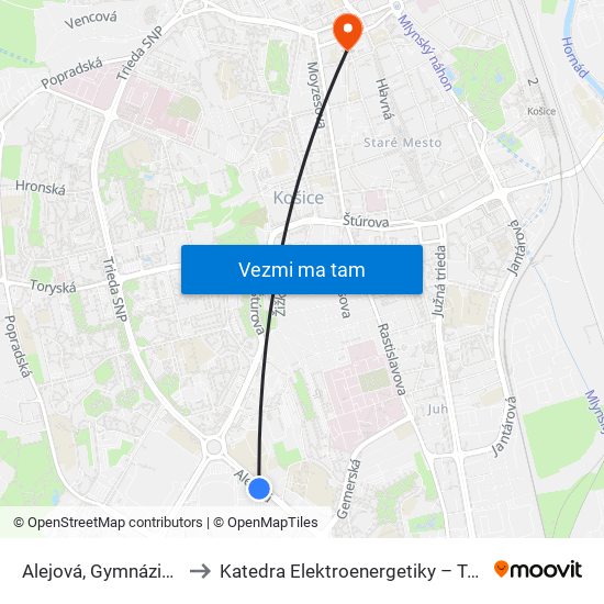 Alejová, Gymnázium to Katedra Elektroenergetiky – Tuke map