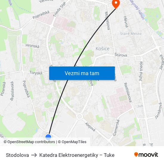 Stodolova to Katedra Elektroenergetiky – Tuke map