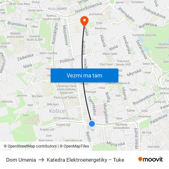 Dom Umenia to Katedra Elektroenergetiky – Tuke map