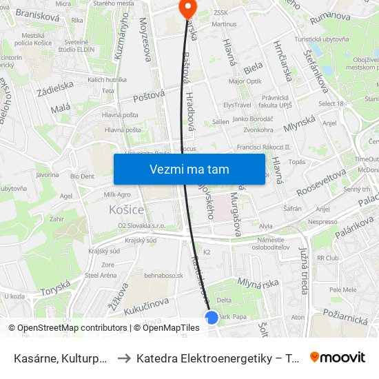 Kasárne, Kulturpark to Katedra Elektroenergetiky – Tuke map