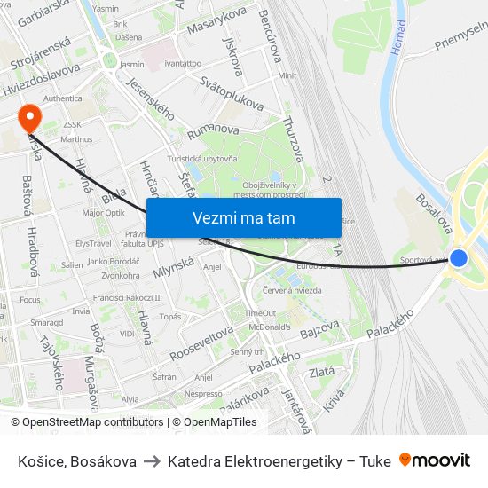 Košice, Bosákova to Katedra Elektroenergetiky – Tuke map