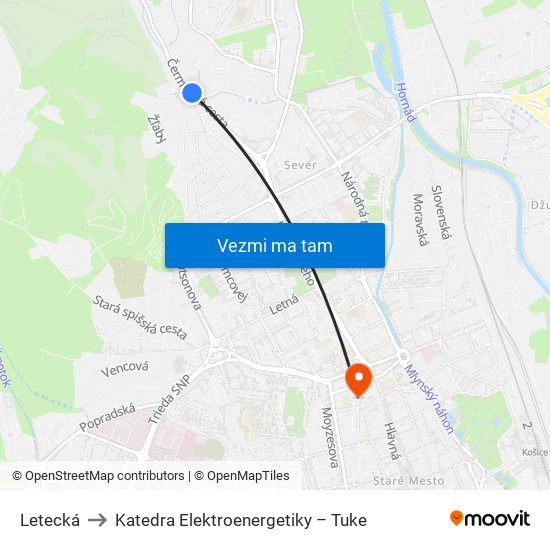 Letecká to Katedra Elektroenergetiky – Tuke map