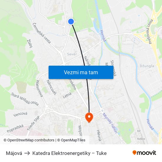 Májová to Katedra Elektroenergetiky – Tuke map