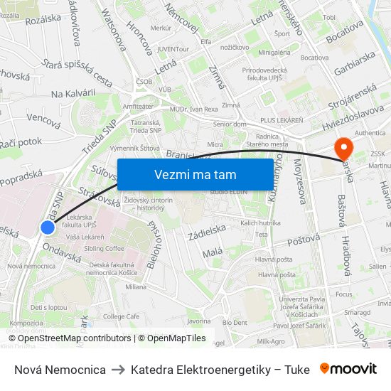 Nová Nemocnica to Katedra Elektroenergetiky – Tuke map