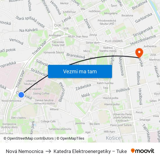 Nová Nemocnica to Katedra Elektroenergetiky – Tuke map