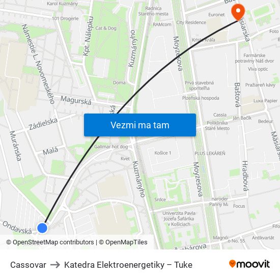 Cassovar to Katedra Elektroenergetiky – Tuke map