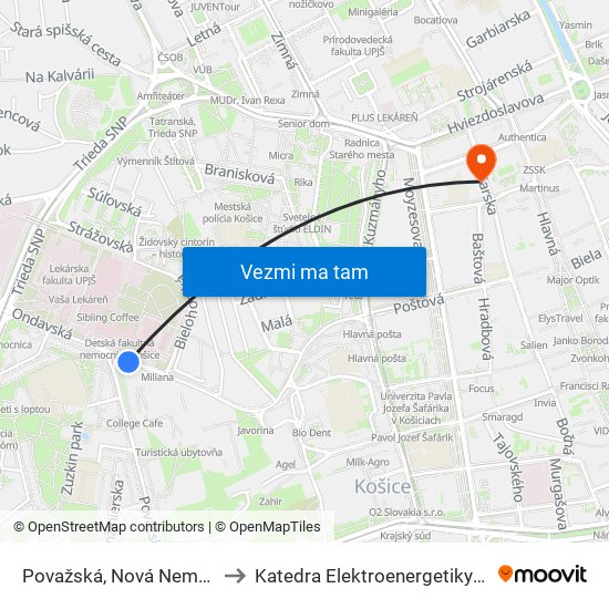 Považská, Nová Nemocnica to Katedra Elektroenergetiky – Tuke map