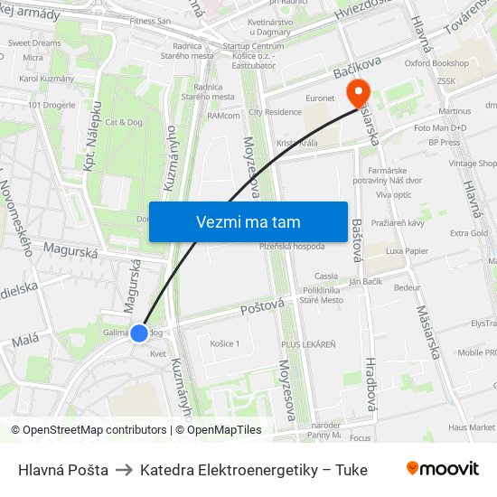 Hlavná Pošta to Katedra Elektroenergetiky – Tuke map