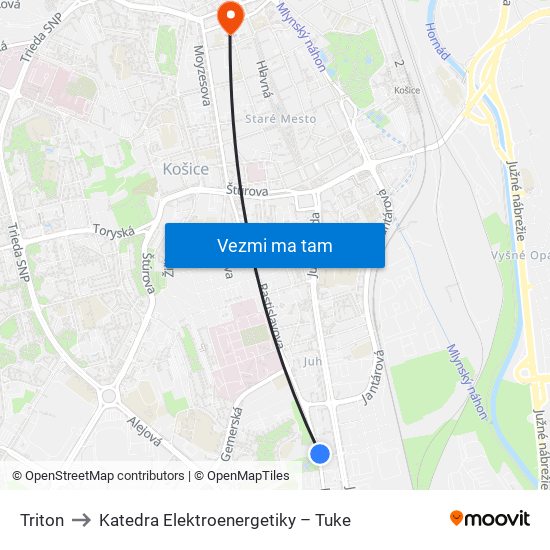 Triton to Katedra Elektroenergetiky – Tuke map