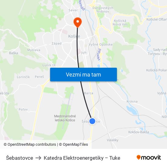 Šebastovce to Katedra Elektroenergetiky – Tuke map