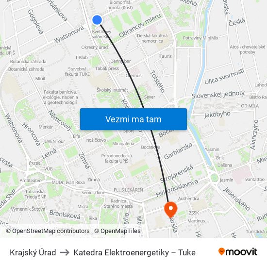 Krajský Úrad to Katedra Elektroenergetiky – Tuke map