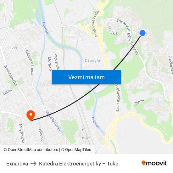 Exnárova to Katedra Elektroenergetiky – Tuke map