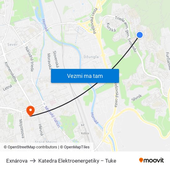 Exnárova to Katedra Elektroenergetiky – Tuke map