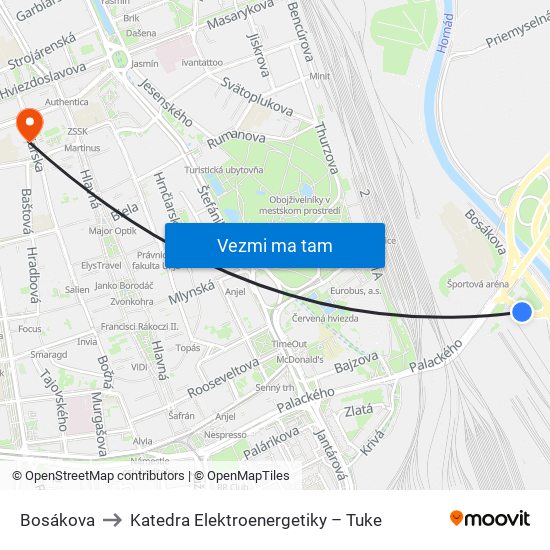 Bosákova to Katedra Elektroenergetiky – Tuke map