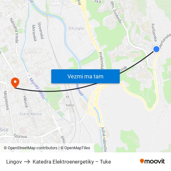 Lingov to Katedra Elektroenergetiky – Tuke map