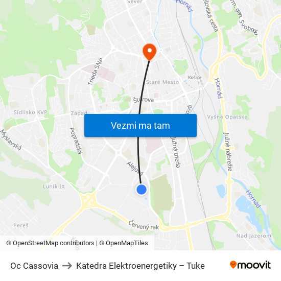 Oc Cassovia to Katedra Elektroenergetiky – Tuke map