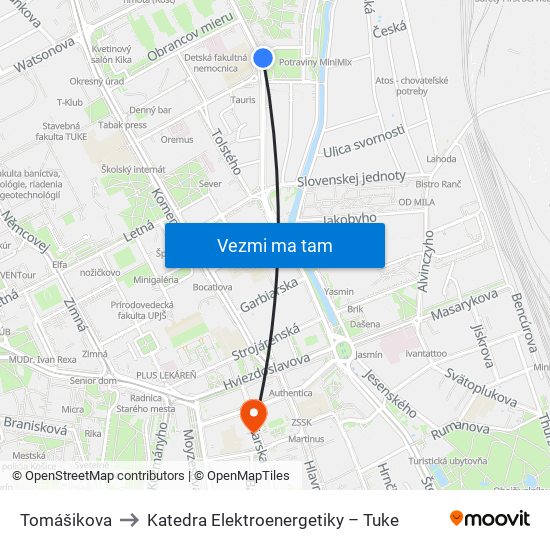 Tomášikova to Katedra Elektroenergetiky – Tuke map