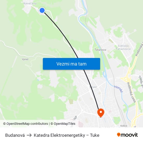 Budanová to Katedra Elektroenergetiky – Tuke map