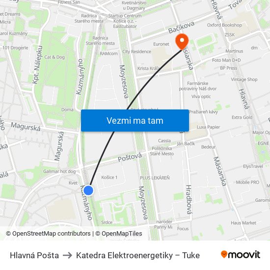 Hlavná Pošta to Katedra Elektroenergetiky – Tuke map