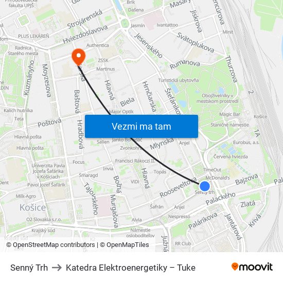 Senný Trh to Katedra Elektroenergetiky – Tuke map