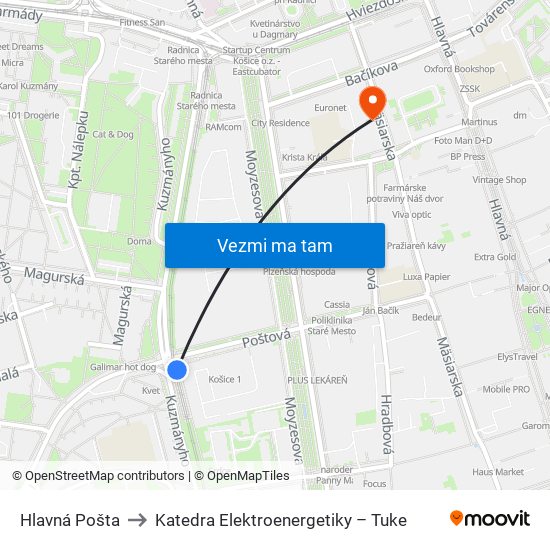 Hlavná Pošta to Katedra Elektroenergetiky – Tuke map