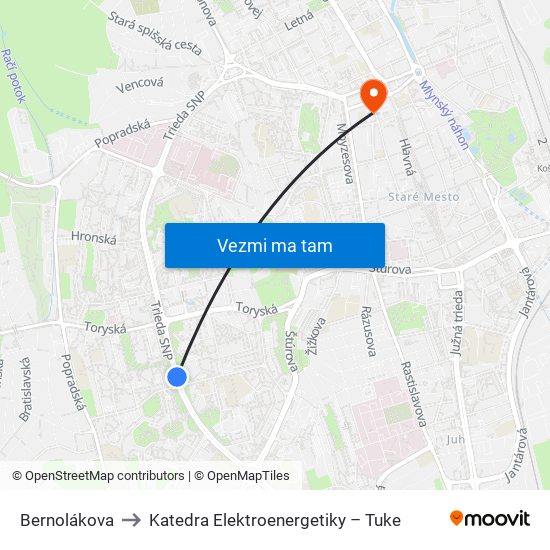 Bernolákova to Katedra Elektroenergetiky – Tuke map