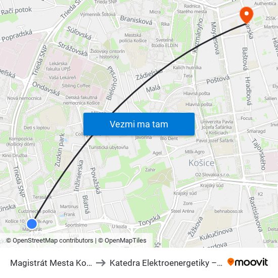 Magistrát Mesta Košice to Katedra Elektroenergetiky – Tuke map