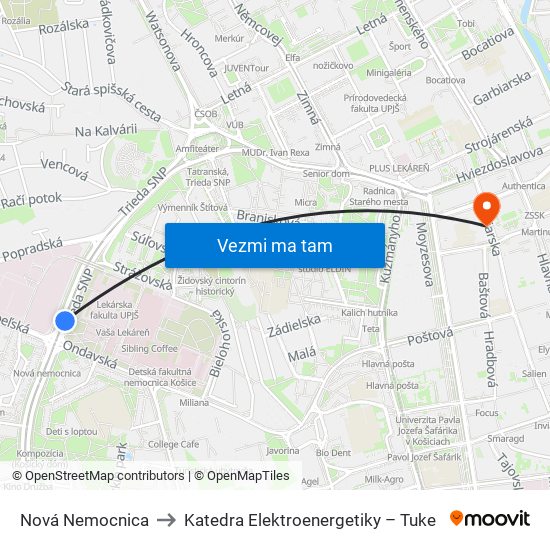 Nová Nemocnica to Katedra Elektroenergetiky – Tuke map