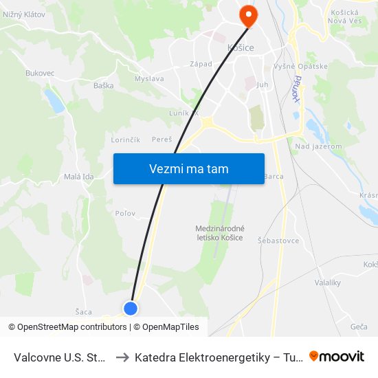 Valcovne U.S. Steel to Katedra Elektroenergetiky – Tuke map