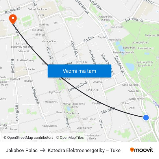 Jakabov Palác to Katedra Elektroenergetiky – Tuke map