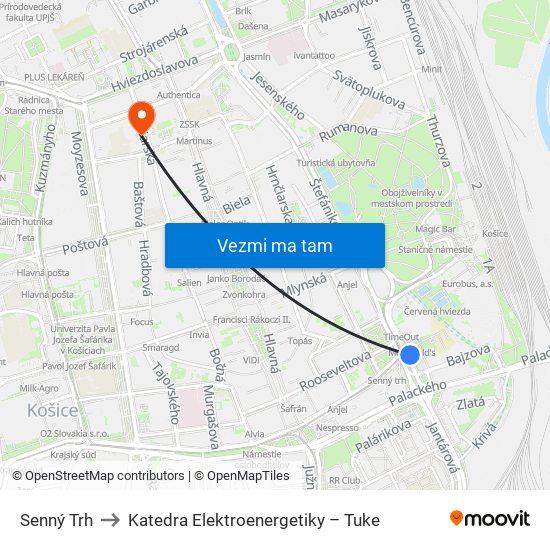 Senný Trh to Katedra Elektroenergetiky – Tuke map