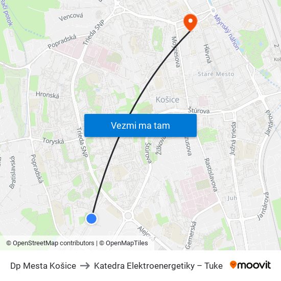 Dp Mesta Košice to Katedra Elektroenergetiky – Tuke map