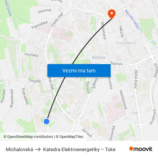 Michalovská to Katedra Elektroenergetiky – Tuke map