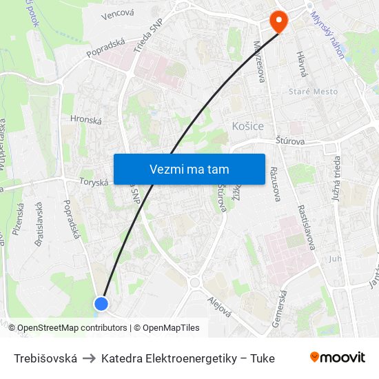 Trebišovská to Katedra Elektroenergetiky – Tuke map