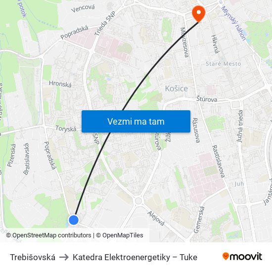 Trebišovská to Katedra Elektroenergetiky – Tuke map