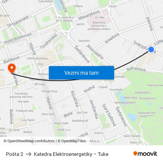 Pošta 2 to Katedra Elektroenergetiky – Tuke map