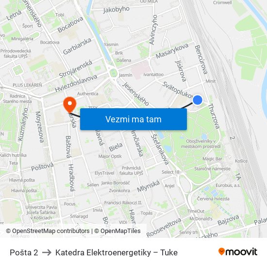 Pošta 2 to Katedra Elektroenergetiky – Tuke map