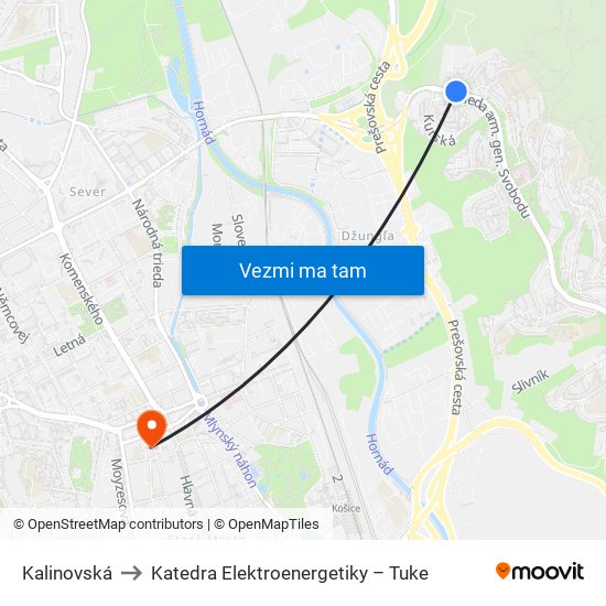 Kalinovská to Katedra Elektroenergetiky – Tuke map