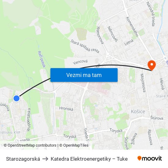 Starozagorská to Katedra Elektroenergetiky – Tuke map