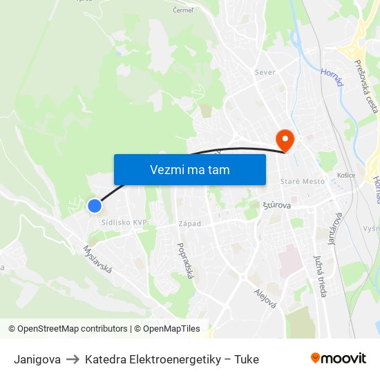 Janigova to Katedra Elektroenergetiky – Tuke map