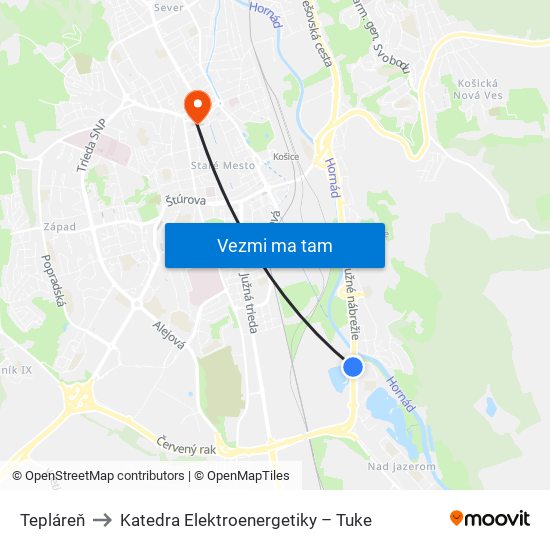 Tepláreň to Katedra Elektroenergetiky – Tuke map