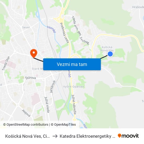 Košická Nová Ves, Cintorín to Katedra Elektroenergetiky – Tuke map